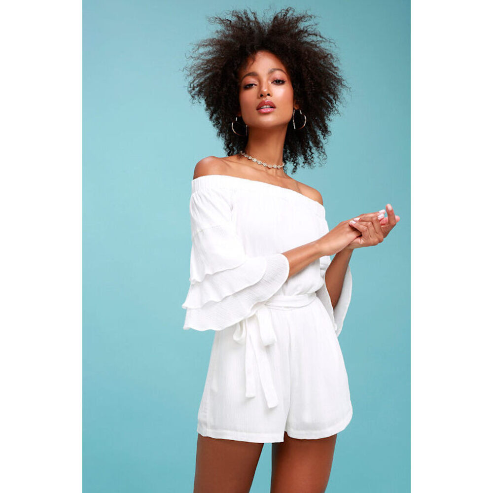 Lulus Santa Ana White Off-the-shoulder Flounce Sleeve Romper - Size M